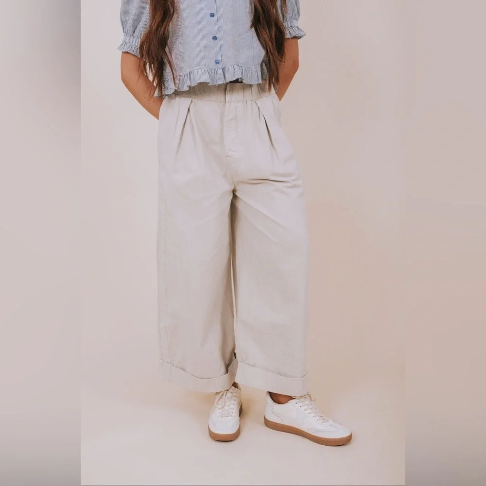 Free People After Love Cuff Pants Khaki Wide Leg Medium Oversized EUC